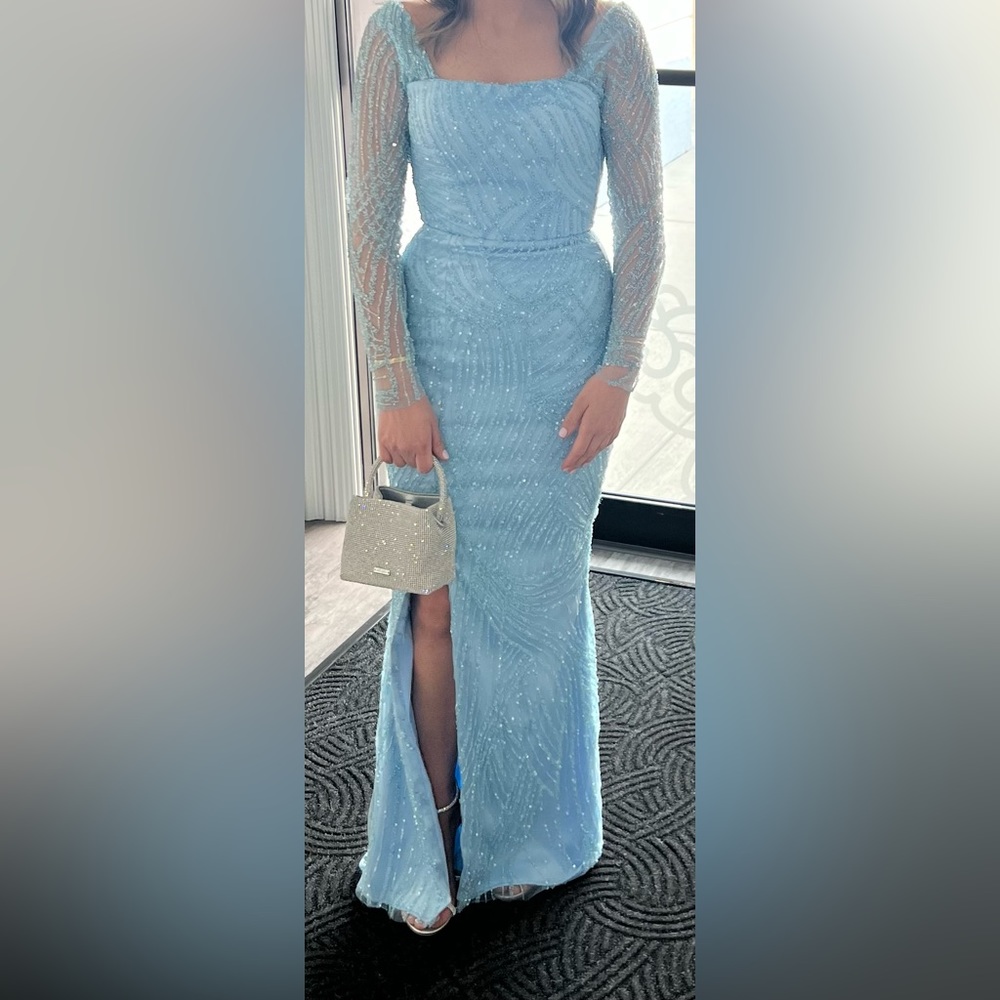 Custom light blue beaded long dress